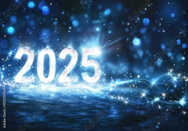Obraz Sparkling 2025 New Year Celebration with Glowing Lights and Festive Blue Background for Holiday and Event Promotions