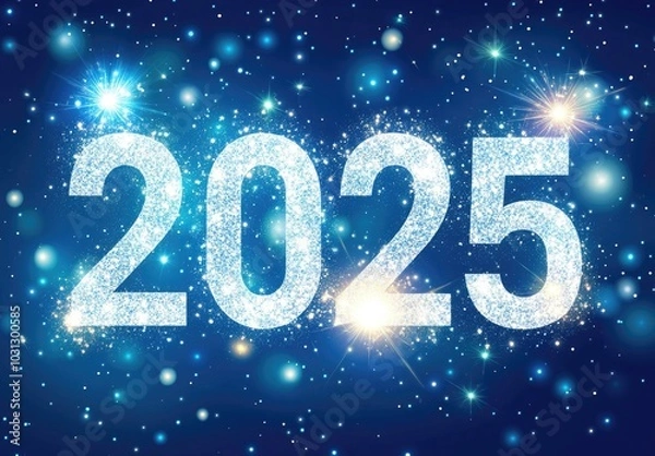 Fototapeta Sparkling 2025 New Year Celebration with Glittering Stars and Cosmic Background for Festive Holiday Design