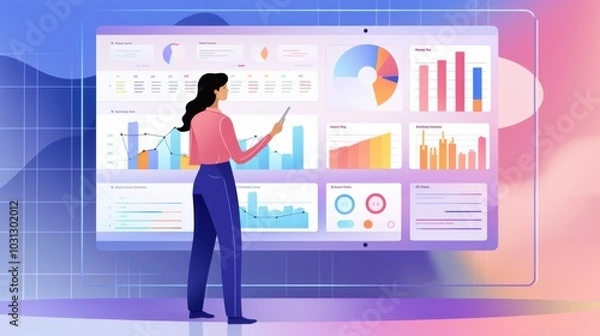 Fototapeta A vibrant digital illustration of a woman analyzing data on large screens, symbolizing tech innovation and data visualization in a colorful workspace.