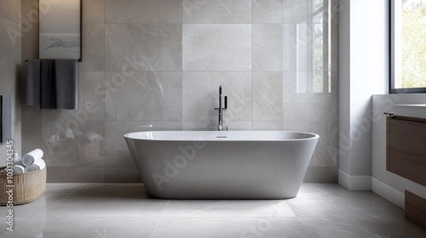 Fototapeta A realistic photo of a serene bathroom with sleek gray marble tiles and a freestanding bathtub The contemporary decor and minimalist design create a peaceful, relaxing environment Styled like a