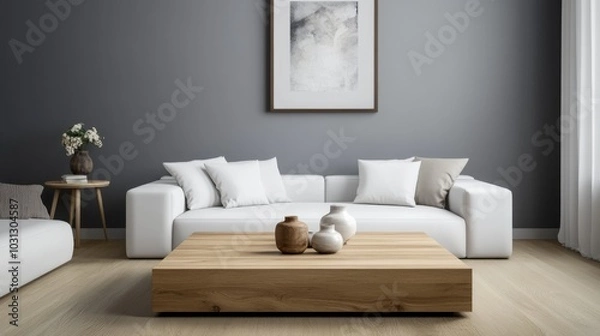 Fototapeta A realistic photo of a contemporary living room featuring a wooden square coffee table and white sofa. The grey wall with an art poster completes the stylish, minimalist decor. Captured in 32k