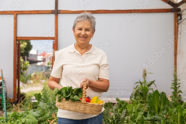 Obraz A woman is holding a basket of vegetables and smiling. She is in a greenhouse, surrounded by plants