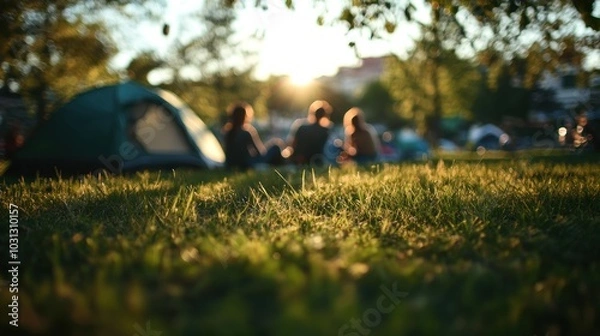 Fototapeta A group of young people sitting on the grass near a camping tent in a landscape with a blurred background with sunlight shining on their area feeling freedom