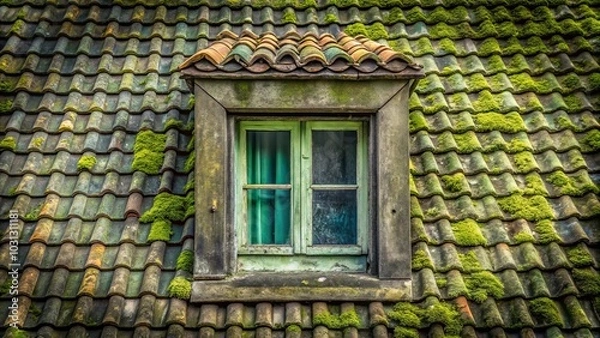 Fototapeta A weathered window on a moss covered roof, a peek into time and nature's embrace.