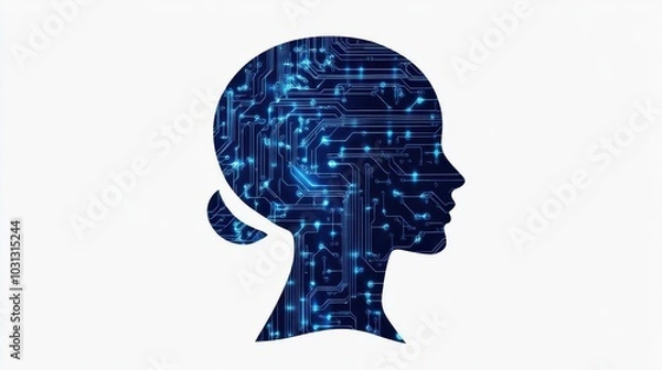 Fototapeta a blue silhouette of a human head filled with intricate ai circuits, set against a clean white background, embodying the integration of technology and humanity