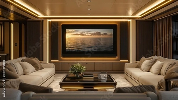 Fototapeta a spacious, elegantly designed living room featuring a large flat-screen tv mounted on the wall, with stylish furniture and warm lighting creating a cozy yet sophisticated atmosphere
