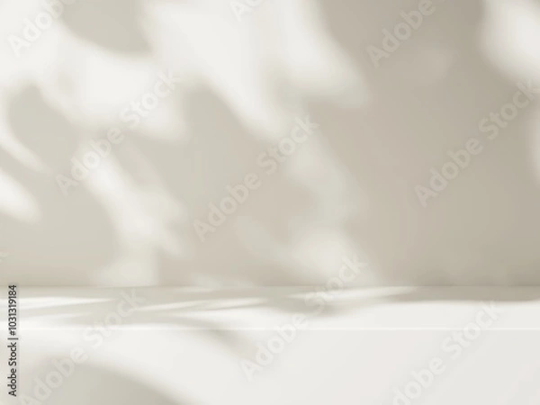Obraz Modern, minimal empty cream white counter table top in dappled sunlight, leaf foliage shadow on wall for luxury organic fashion, beauty, cosmetic, skincare, body care product display background 3D