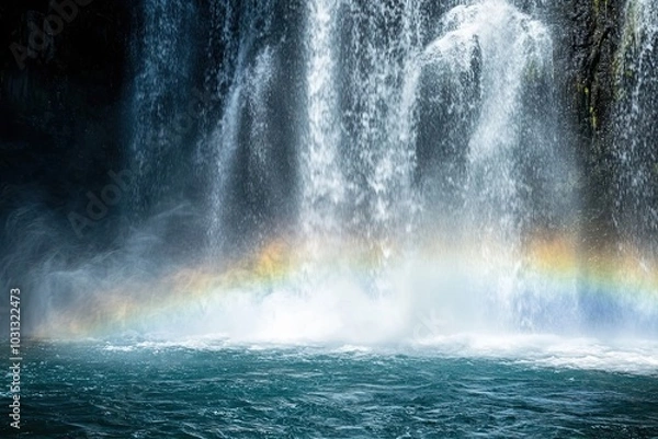 Fototapeta Waterfall cascading into a pool with a rainbow forming in the mist