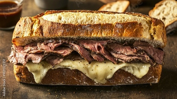 Fototapeta Delicious roast beef sandwich with melted cheese on freshly baked bread perfect for any meal or occasion