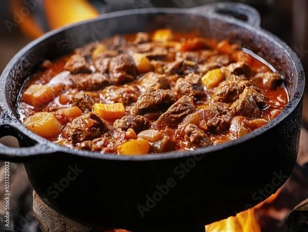 Fototapeta traditional hungarian goulash simmering in a rustic cast iron pot over an open flame, showcasing rich colors and inviting aromas that evoke campfire cooking memories