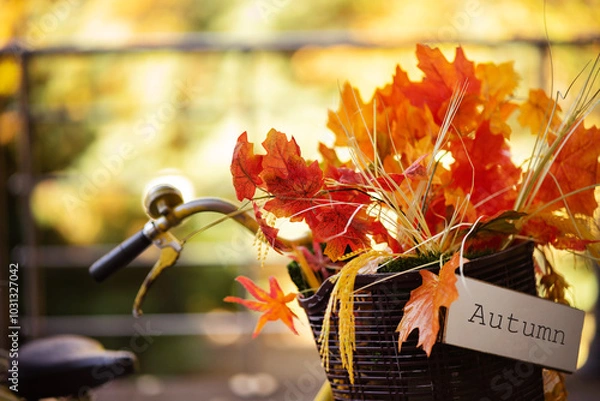 Obraz Bouquet of autumn maple leaves and dry ears of wheat in the basket of an old yellow bicycle. The vibe of an autumn walk in the park.