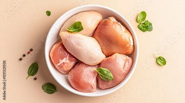 Fototapeta Fresh chicken breasts and thighs ready for cooking in a bowl with herbs for delicious meal preparation