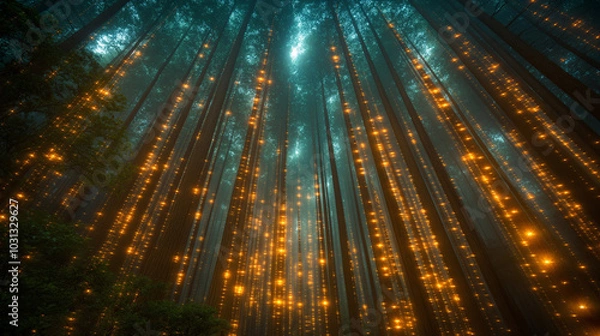 Obraz An atmospheric forest illuminated by soft, glowing orange lights amidst towering trees.