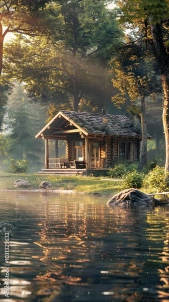 Obraz A tranquil morning at a lakeside cabin surrounded by nature's beauty and serenity