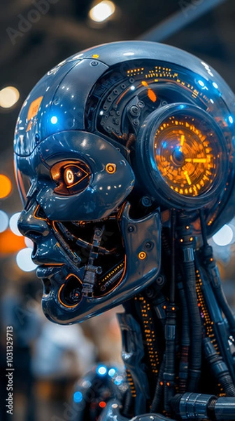 Obraz Close-up of a humanoid AI robot with intricate mechanical features and glowing lights.