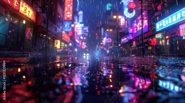 Fototapeta A neon city street with rain falling on it. The neon lights of the buildings are reflected in the water