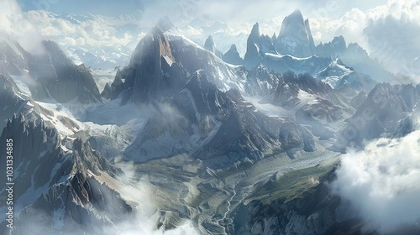 Fototapeta Aerial view of Fitz Roy's jagged peaks in Patagonia shrouded in mist above lush valleys