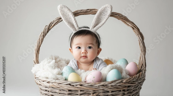 Fototapeta Adorable baby with bunny ears in easter basket surrounded by colorful eggs