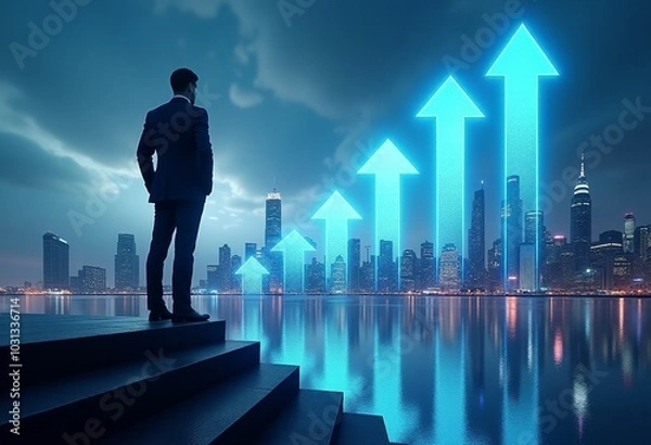 Fototapeta Concept of Success and Growth: Businessman Overlooking a Futuristic Cityscape at Night with Glowing Blue Arrows Pointing Upward from Stairs
