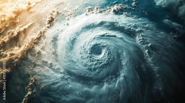 Obraz Satellite view of a massive hurricane swirling over the Atlantic Ocean displaying a clear eye of the storm