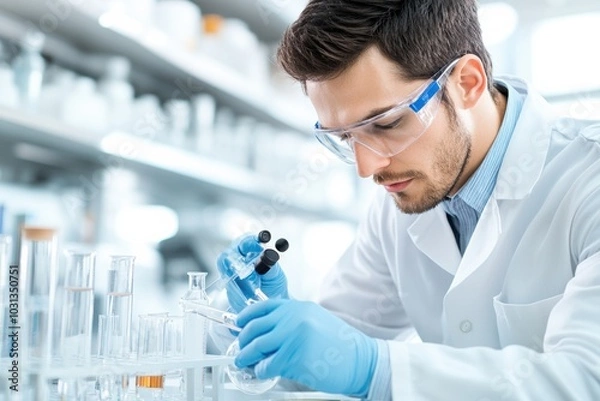 Fototapeta A focused male scientist conducts experiments in a laboratory, using test tubes and lab equipment to analyze chemical reactions.