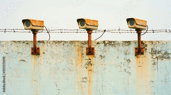 Fototapeta Surveillance Fence: Gritty Overcast Security