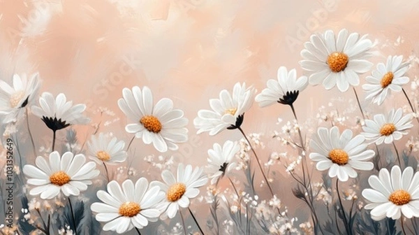 Fototapeta Beautiful Field of White Daisies with Soft Pastel Background Capturing the Essence of Spring and Nature's Tranquility