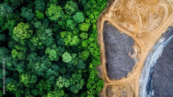Obraz an aerial view of deforestation, showing large sections of forest cleared and replaced by barren land, highlighting the human impact on climate change