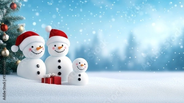 Obraz Cheerful snowmen celebrating Christmas with gifts