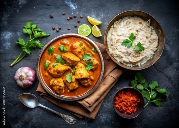 Fototapeta Delicious Chicken Curry with Rice and Chapati on Dark Background - Indian Cuisine Delight