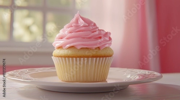 Obraz Delicious pink frosted cupcake on a white plate by the window