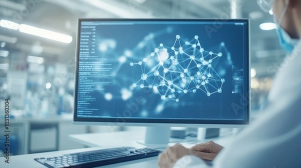 Obraz A scientist analyzing digital data on a computer screen, showcasing network connections and advanced technology in a modern lab.