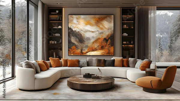 Fototapeta Cozy modern living room with warm tones and abstract art.