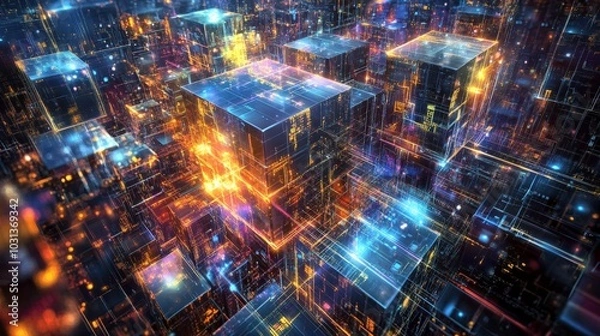 Fototapeta A futuristic composition featuring metallic cubes and digital data streams, arranged in a complex pattern with neon lighting creating depth.