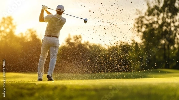 Fototapeta A dynamic shot of a golfer taking a deep breath before swinging, using mindfulness to improve concentration