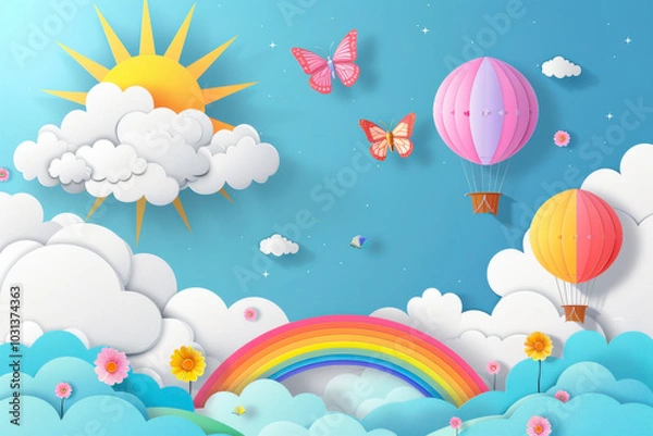 Obraz Beautiful fluffy clouds on blue sky background with summer sun