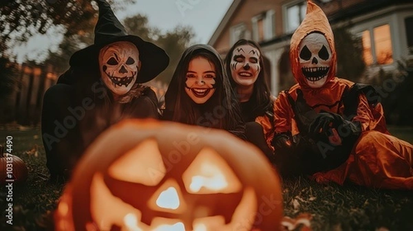 Obraz Friends in Halloween Costumes with a Jack-O-Lantern.