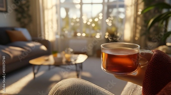 Fototapeta A realistic shot of a person holding a hot cup of tea in a cozy living room, with soft natural light streaming in through a window.