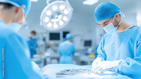 Fototapeta Focused surgeon performing a procedure in a sterile operating room, showcasing teamwork and precision in medical practice.