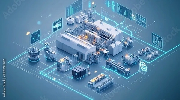 Fototapeta isometric a fully connected smart factory with advanced automation and cloud-based systems optimizing the production process