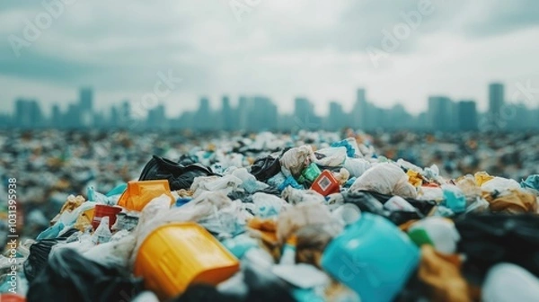 Fototapeta Aerial view of an overflowing landfill site with mountains of discarded waste trash and refuse highlighting the profound environmental impact and need for sustainable waste management solutions