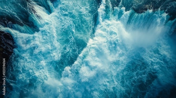 Fototapeta Dynamic ocean waves crashing against the rocky shore.