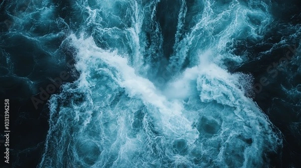 Fototapeta Ocean waves creating a dynamic, swirling pattern of blue water.