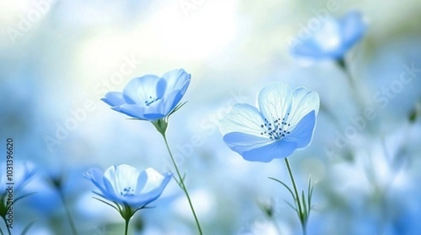 Fototapeta Delicate blue spring flowers in sharp focus, with a beautifully soft, blurry background adding depth and serenity.