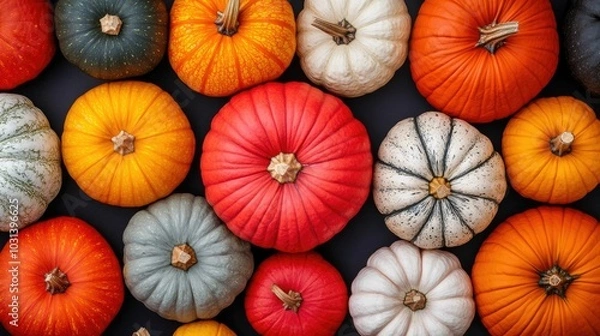 Fototapeta Assortment of various sized and colored pumpkins arranged in a visually striking fall inspired display