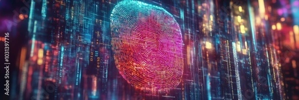 Fototapeta A futuristic digital fingerprint being scanned in a digital space, symbolizing  cybersecurity, identity, data, technology and privacy.