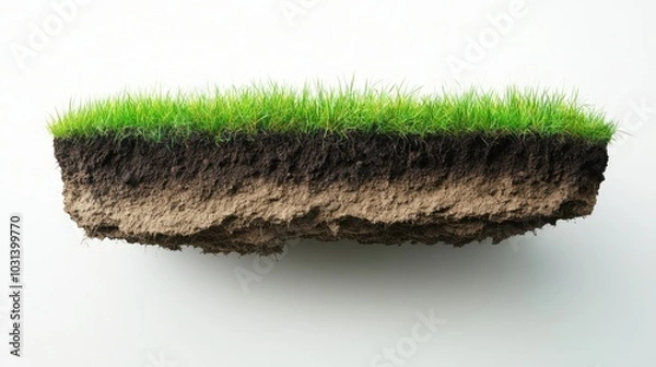 Fototapeta Floating land with green grass on top and soil layers visible beneath, perfect for ecological presentations.