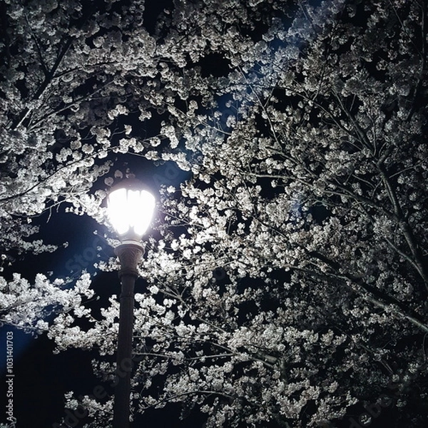 Fototapeta a cherry blossom tree reflected in a streetlight