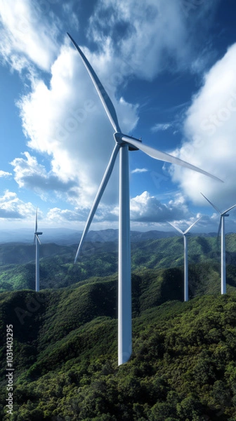 Fototapeta Wind turbines on green hills under blue sky