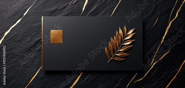 Fototapeta Elegant black card with golden leaf design, isolated on a textured background.